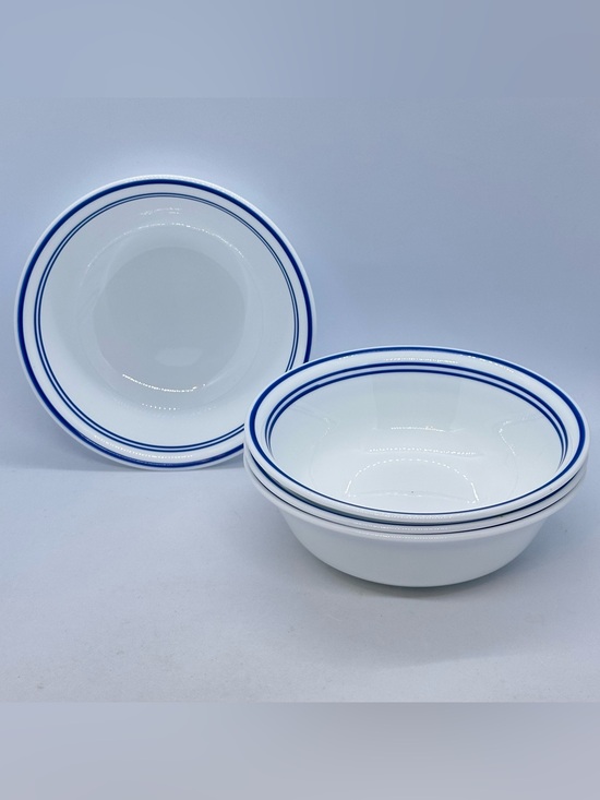 Corelle Other - Set of 4 Corelle Vitrelle Classic Cafe Blue Soup Cereal Bowls w/ Stripes 6.25"